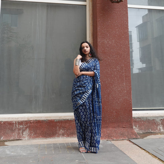 Indigo Lit - Blue Handblock Dabu in Natural Dyes - Cotton Mulmul Saree