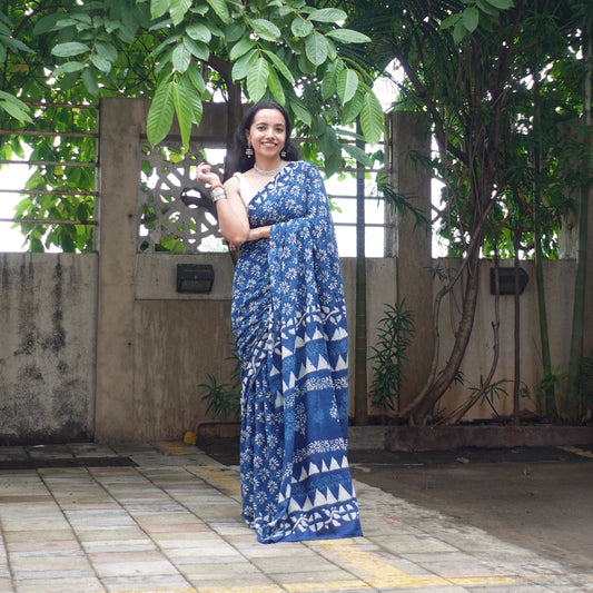 Indigo Splash - Blue Handblock Dabu in Natural Dyes - Cotton Mulmul Saree