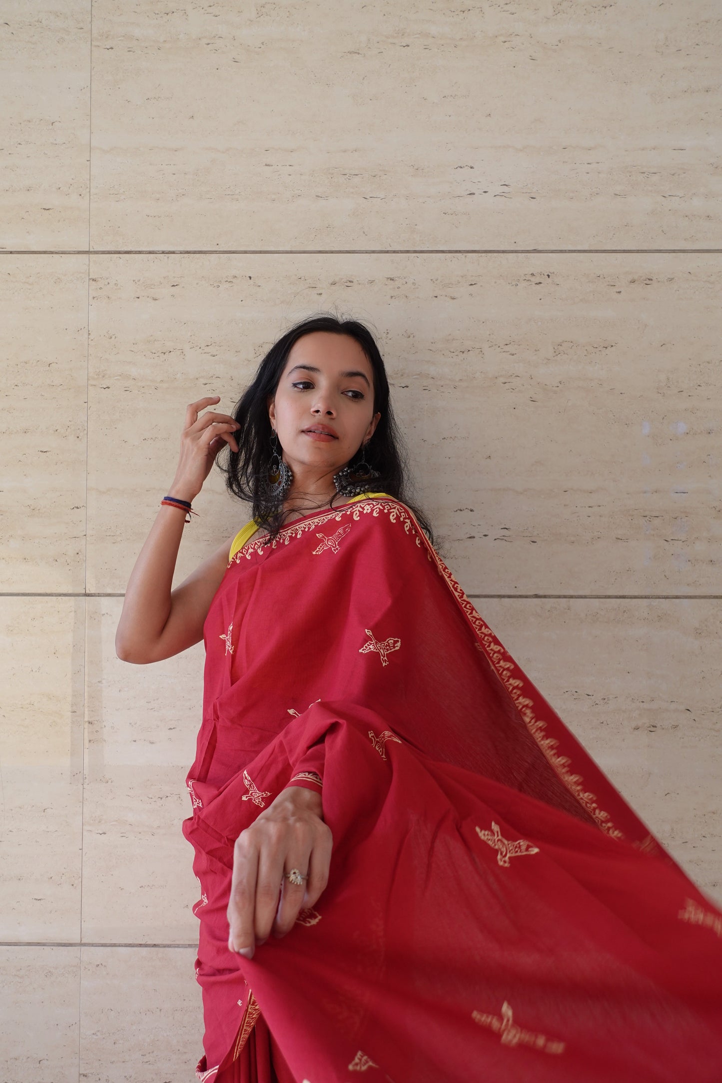 Free Sparrow - Red Handblock Print Natural Dyed - Red Mulmul Cotton Saree