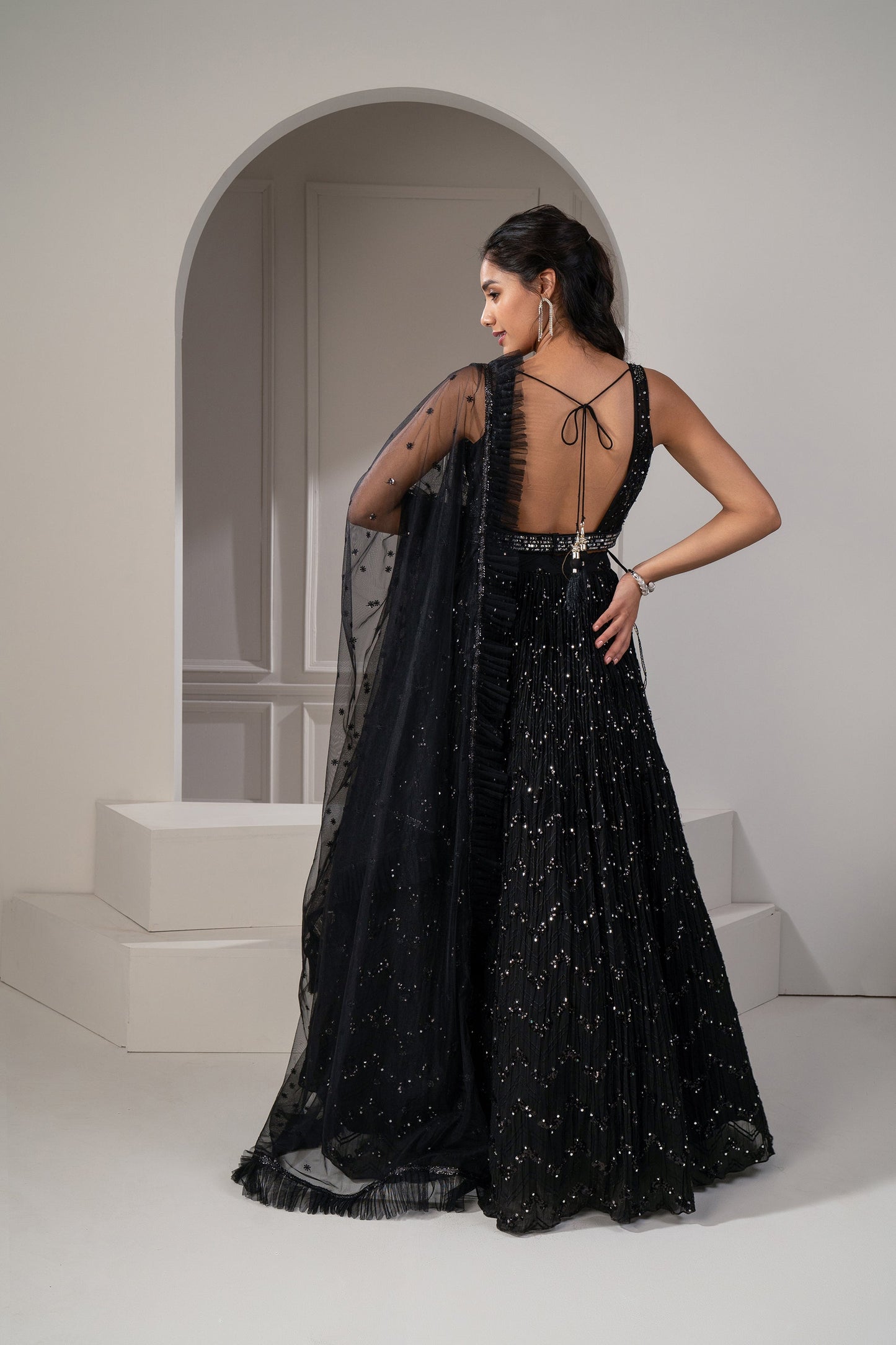 Jet Black Sequins Embroidered Georgette Lehenga Set