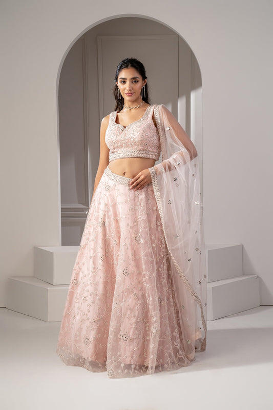 Blush Peach Organza Net Lehenga Set with Mirror, Thread and Sequins Embellishments,