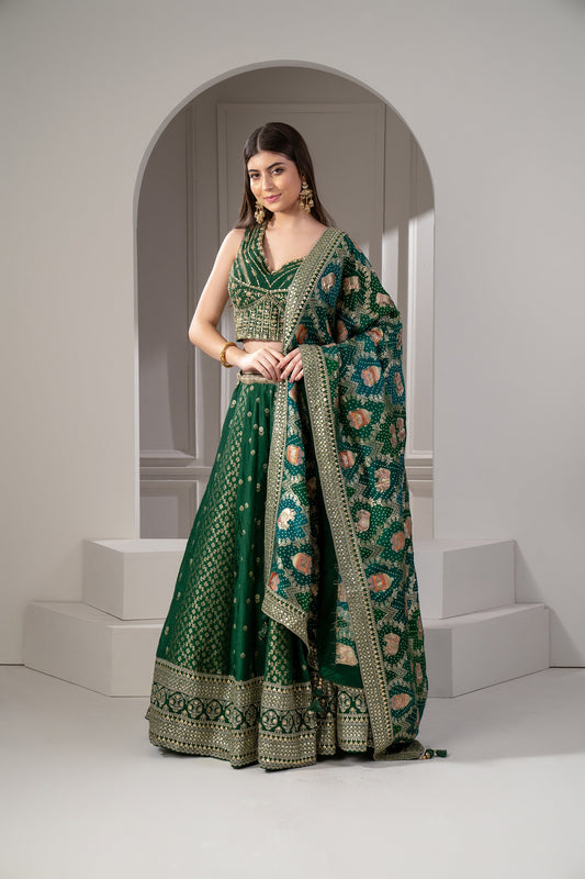 Castleton Green Sequins, Zari and Thread Embroidered Semi Silk Lehenga Set.