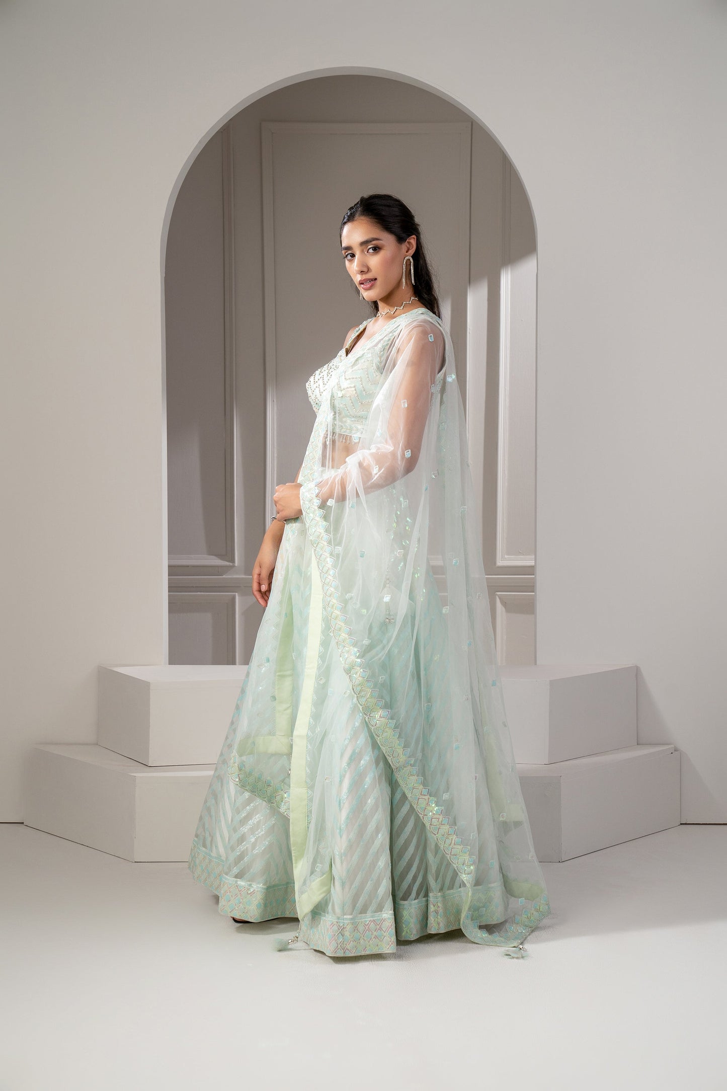 Pista Green Organaza Net Lehenga Set with sequins and stone embellishments.