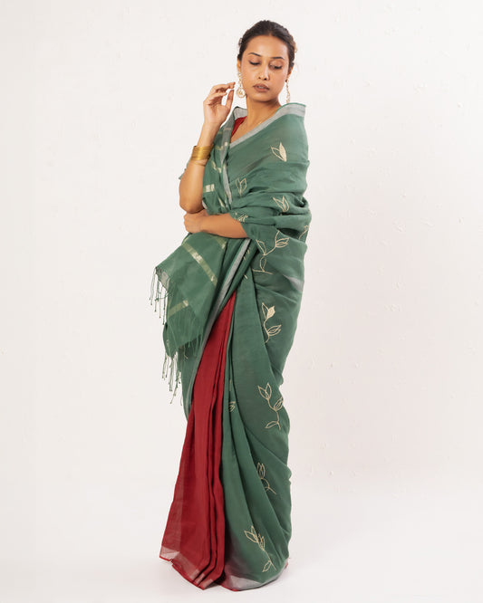 Green maroon embroidered handwoven linen saree
