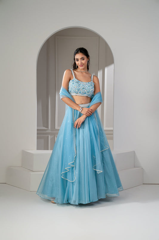 Frost Blue Organza Sequinned Lehenga Set.
