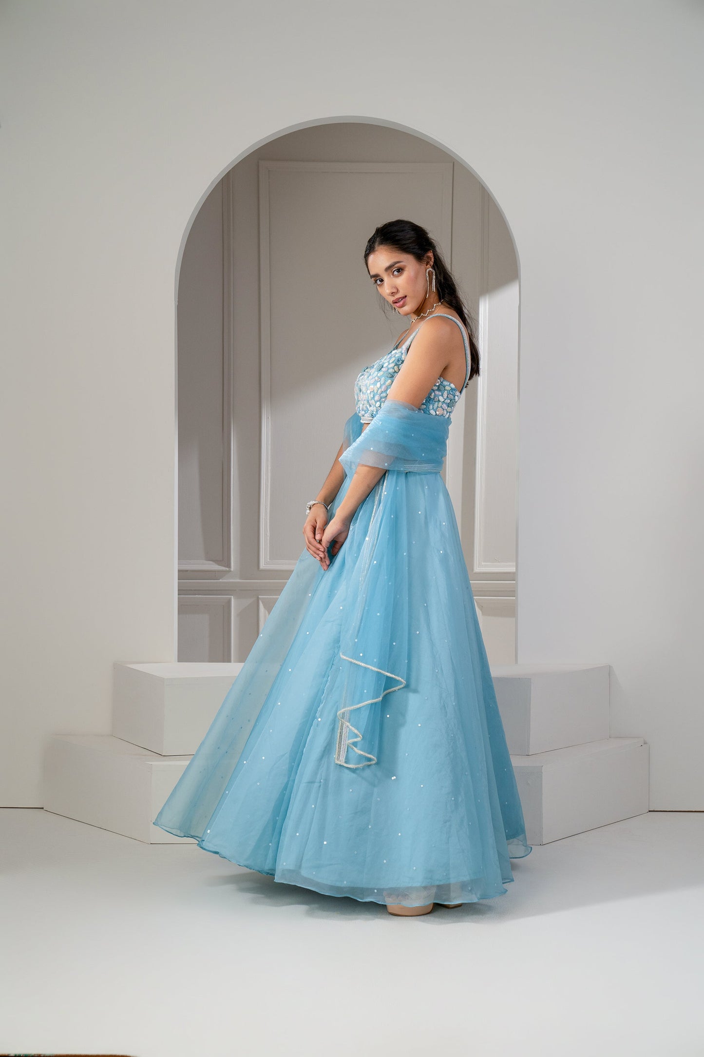 Frost Blue Organza Sequinned Lehenga Set.