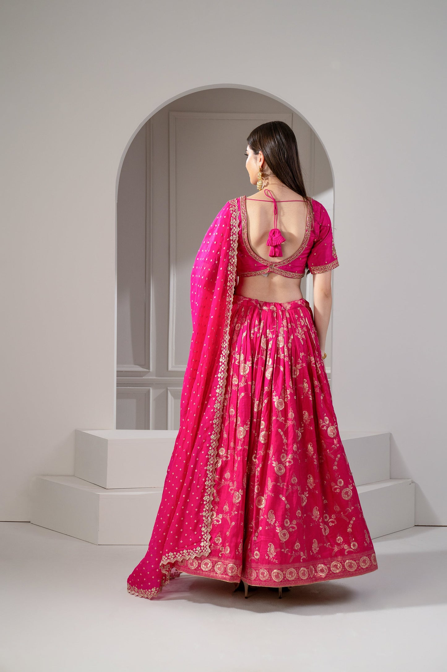 Hot Pink Soft Silk Hand Embroidered Lehenga Set