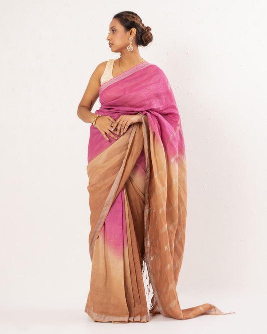 Pink brown handwoven linen Festive saree