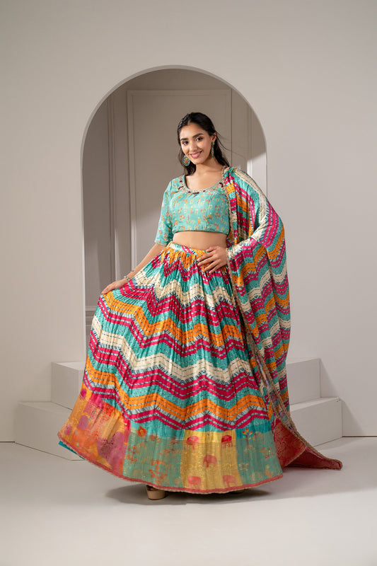 Multicoloured Sharting Silk Printed Lehenga Set