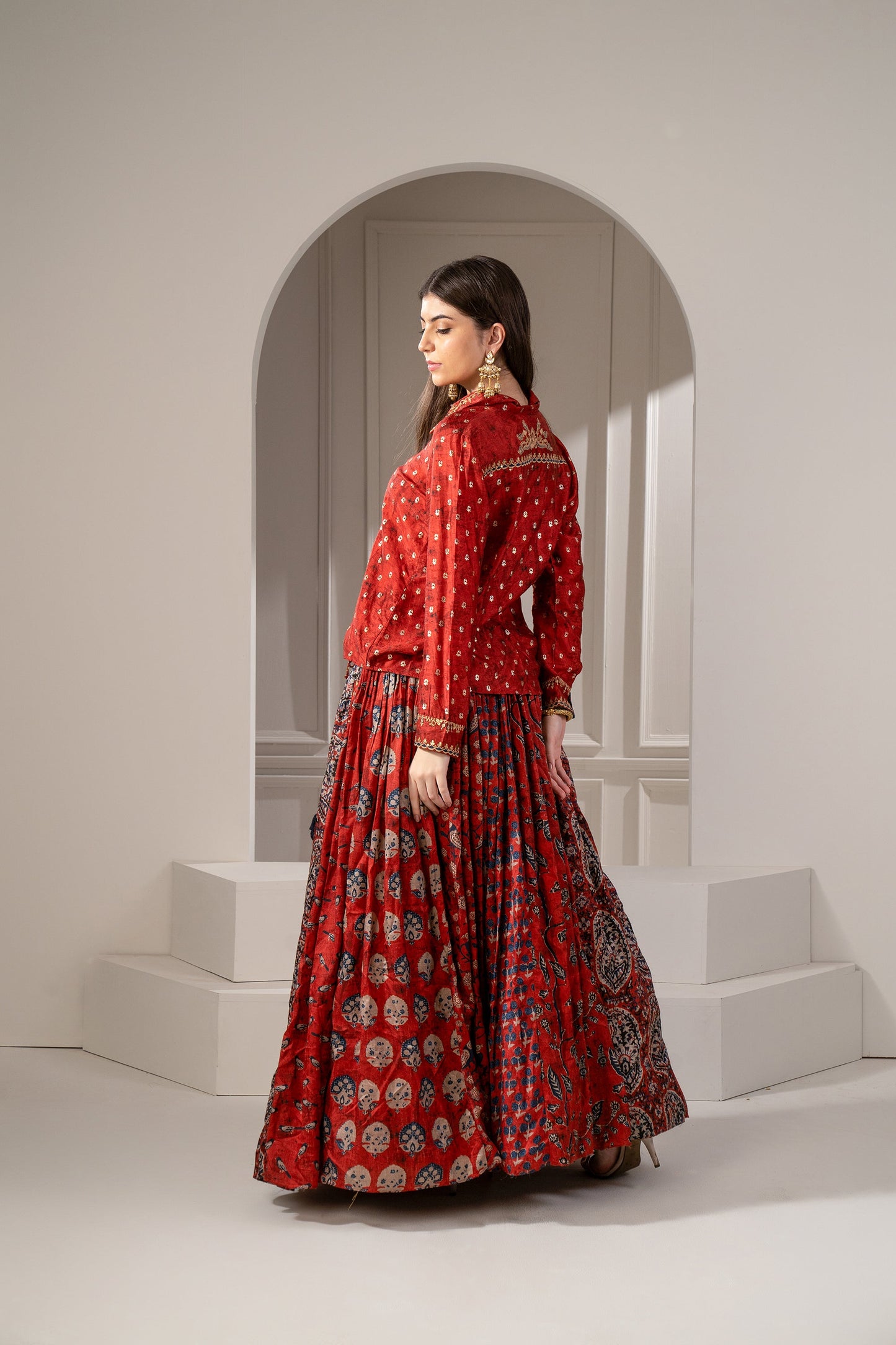 Brick Red Sharting Silk Printed Indo Western Set