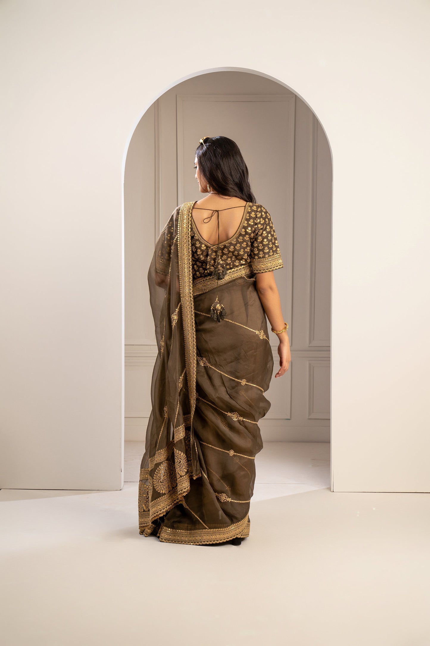 Mehendi Green Organza Saree with Pita Work