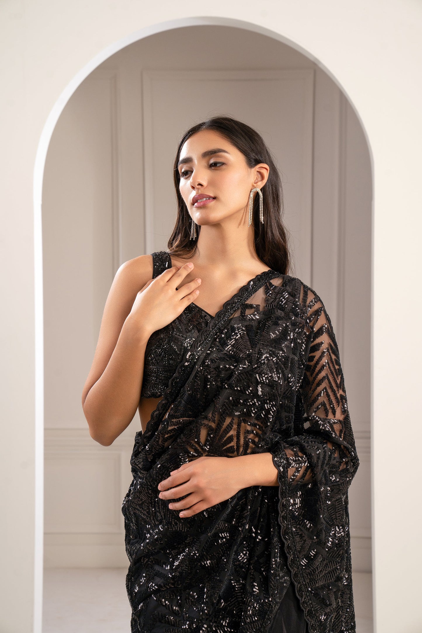 Charcoal Black Organza Net Cocktail Saree