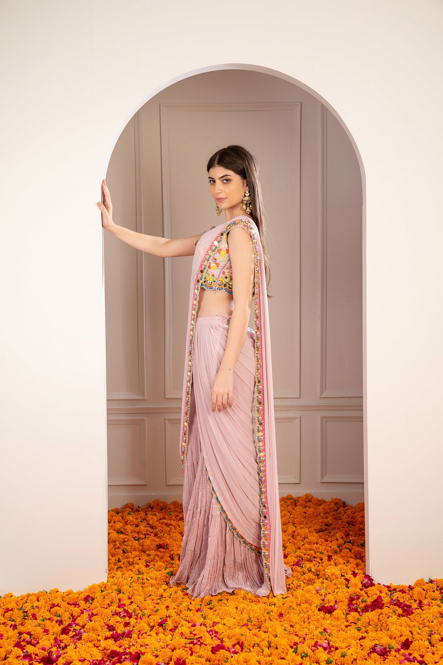 Melon Peach Georgette Mirror Embellished Drape Sharara Saree