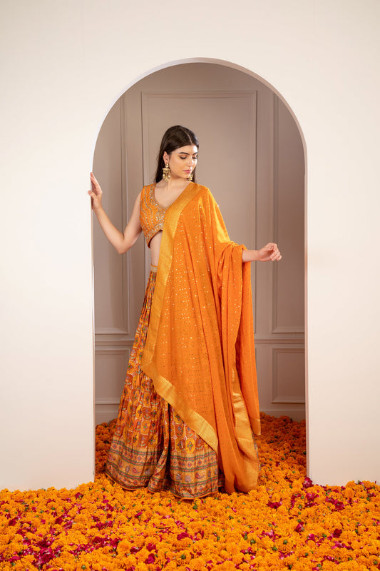 Tangerine Orange Soft Silk Hand Embroidered Lehenga Set