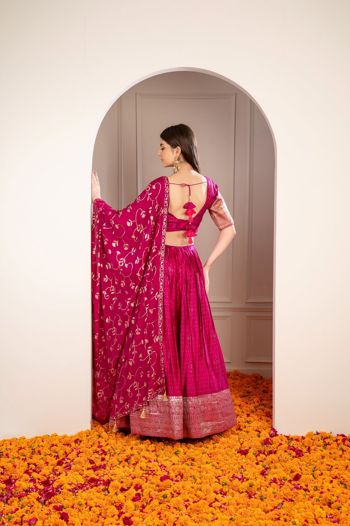 Magenta Pink Satin Silk Sequinned Lehenga Set.