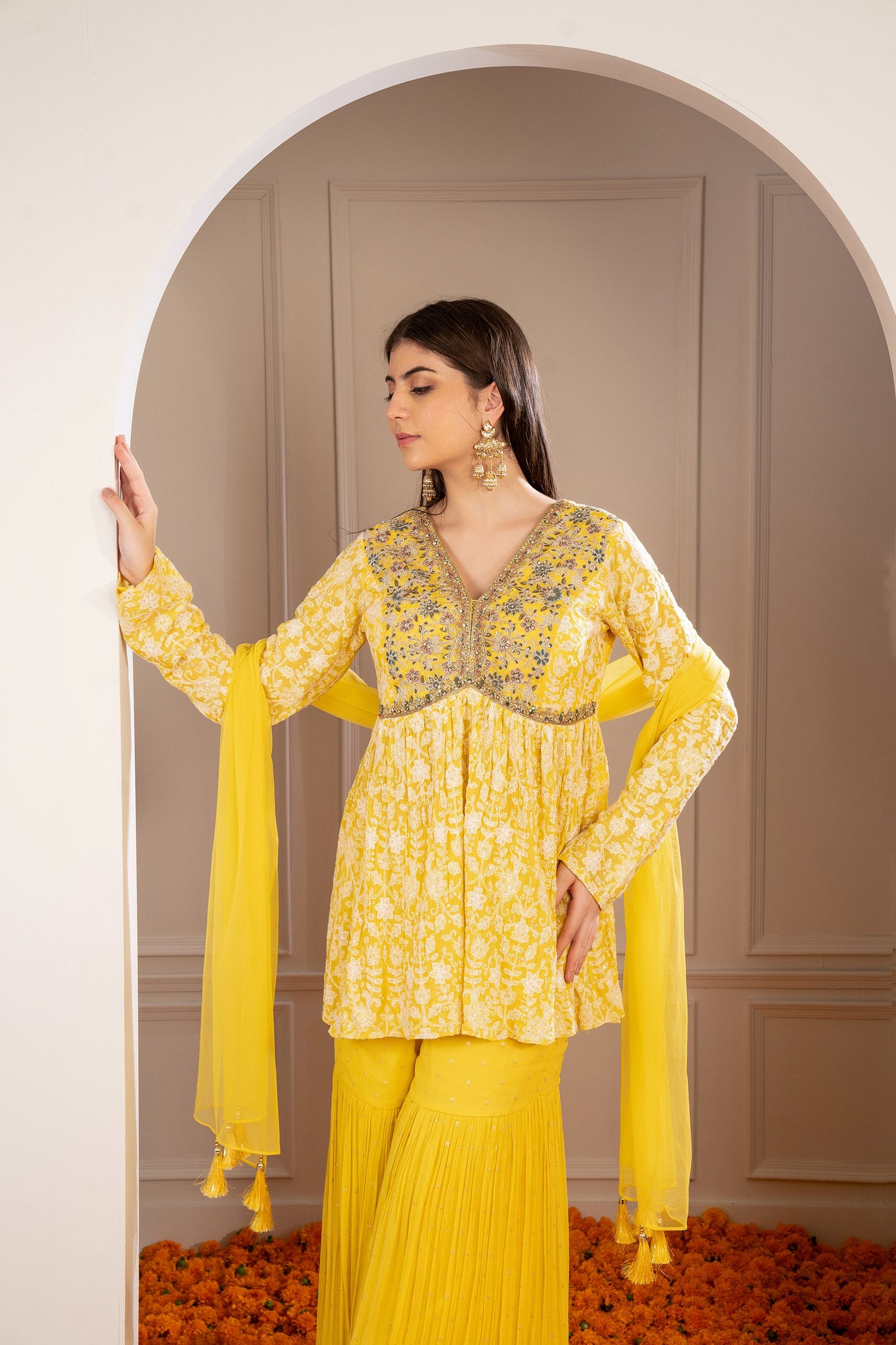 Sunglow Yellow Georgette Embroidered Indo Western Sharara Set