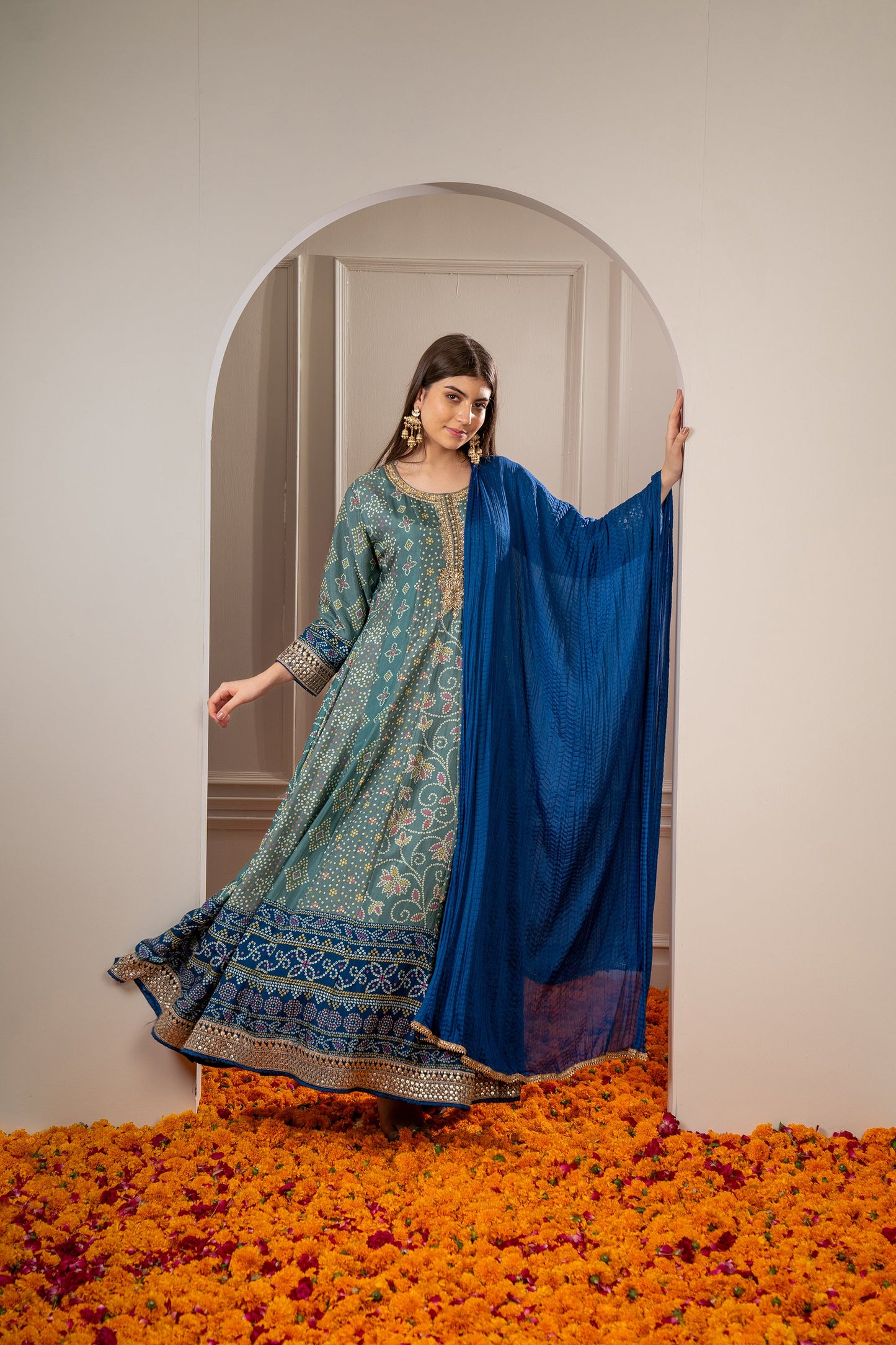 Peacock Green Printed Soft Silk Embroidered Gown