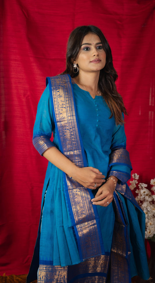 Geet - Kurti with dupatta in pure kanchi cotton in Blue color