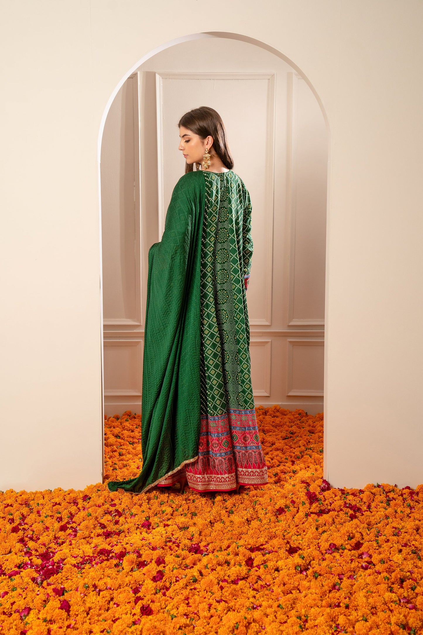 Alpine Green Satin Silk Printed Gown.