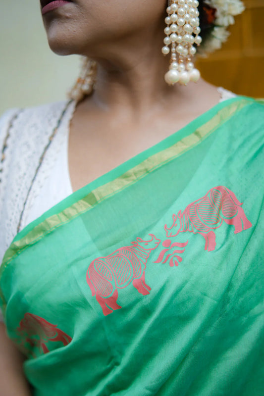 Endangered Elegance Green Chanderi Silk Handloom saree