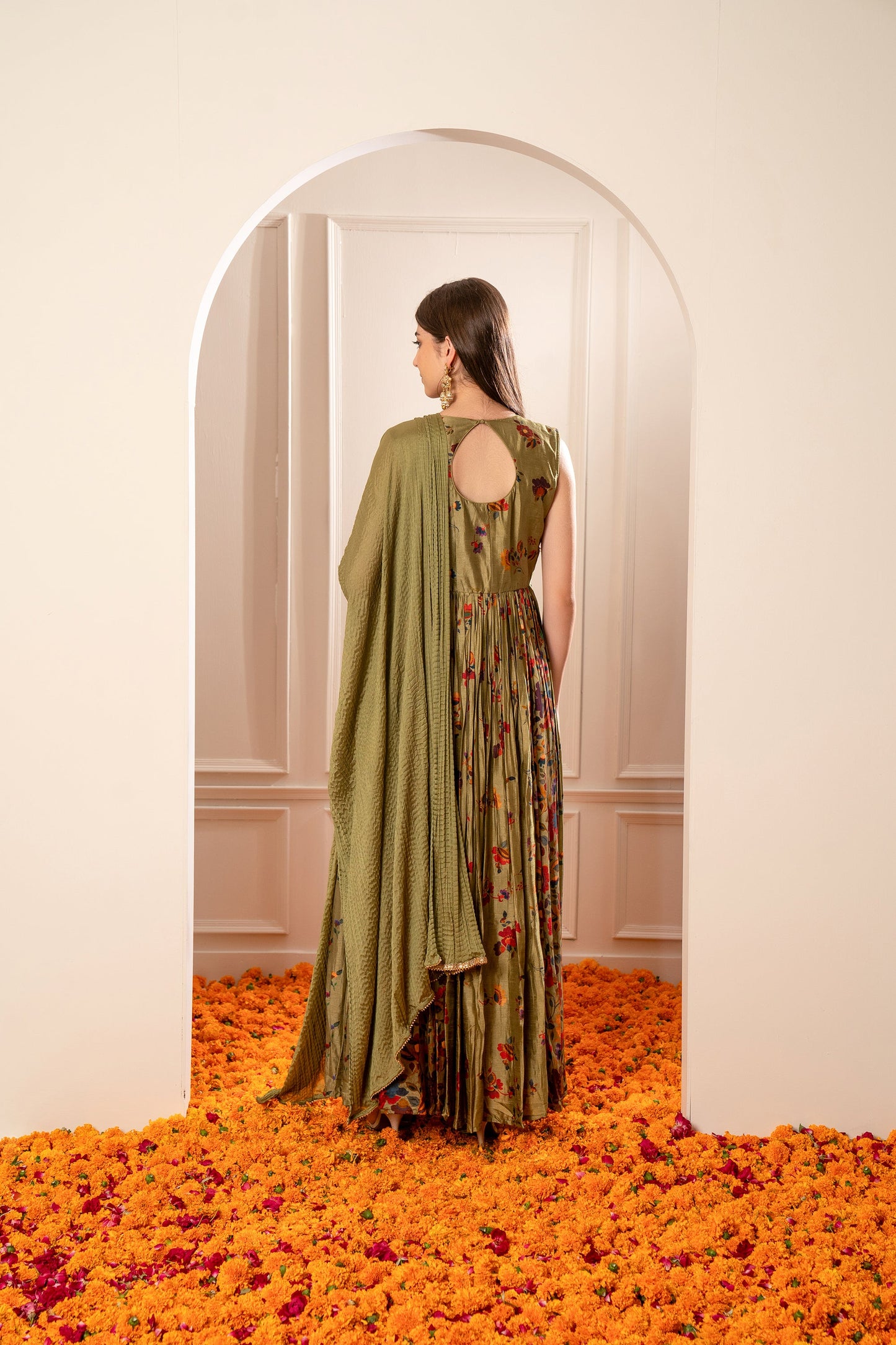 Mehendi Green Silk Gown with Mirror Embellishments.