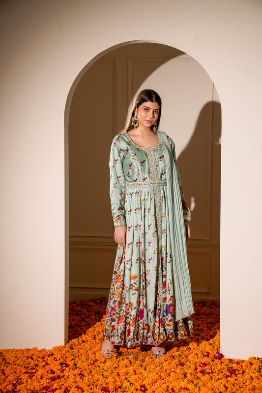 Pastel Sea Green Soft Silk Printed Gown with Intricate Mirror Work