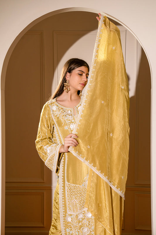 Mustard Yellow Satin Silk Hand Embroidered Pajami Suit