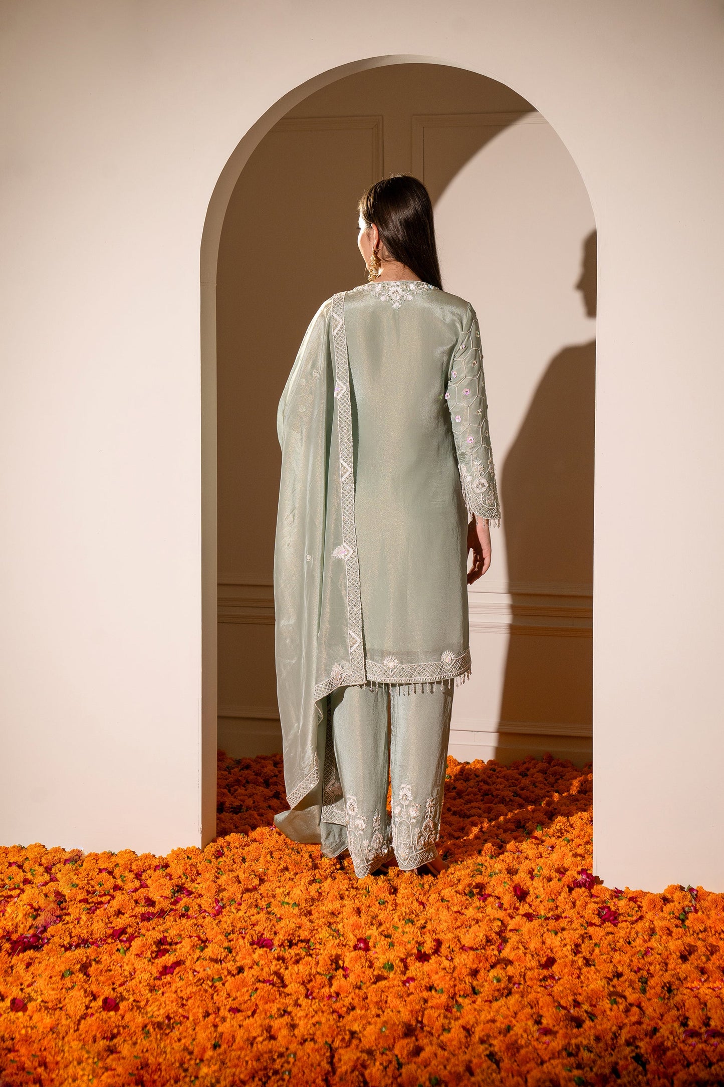 Pastel Sage Green Satin Silk Hand Embroidered Pajami Suit.