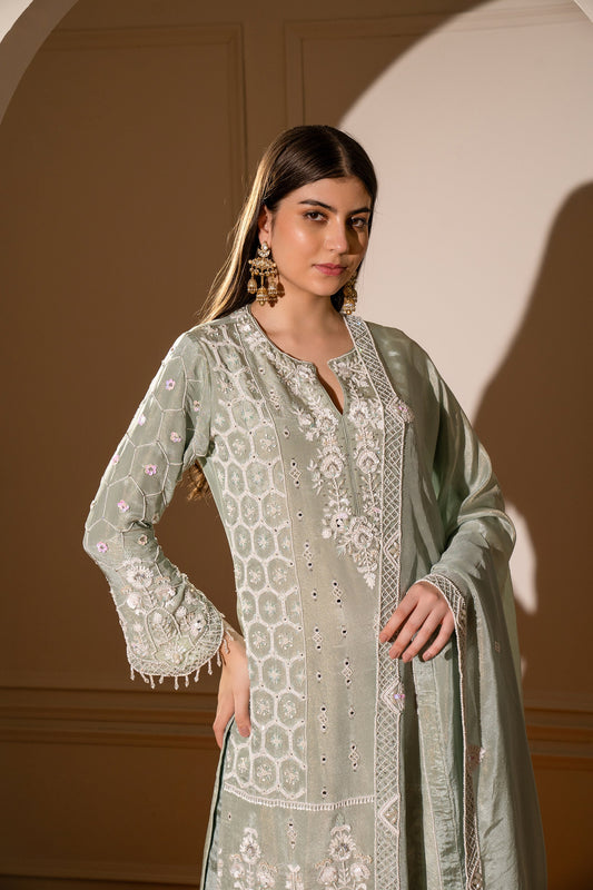 Pastel Sage Green Satin Silk Hand Embroidered Pajami Suit.