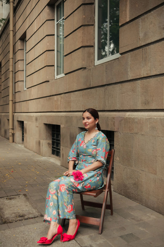 Teal Bloom Noor bagh kurta set