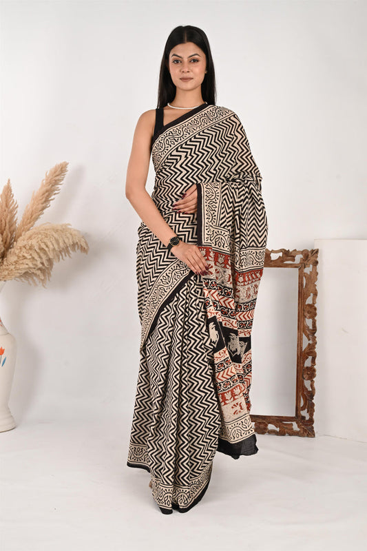 On Duty Drape - Handblock Print Natural Dyed - Mulmul Cotton Saree