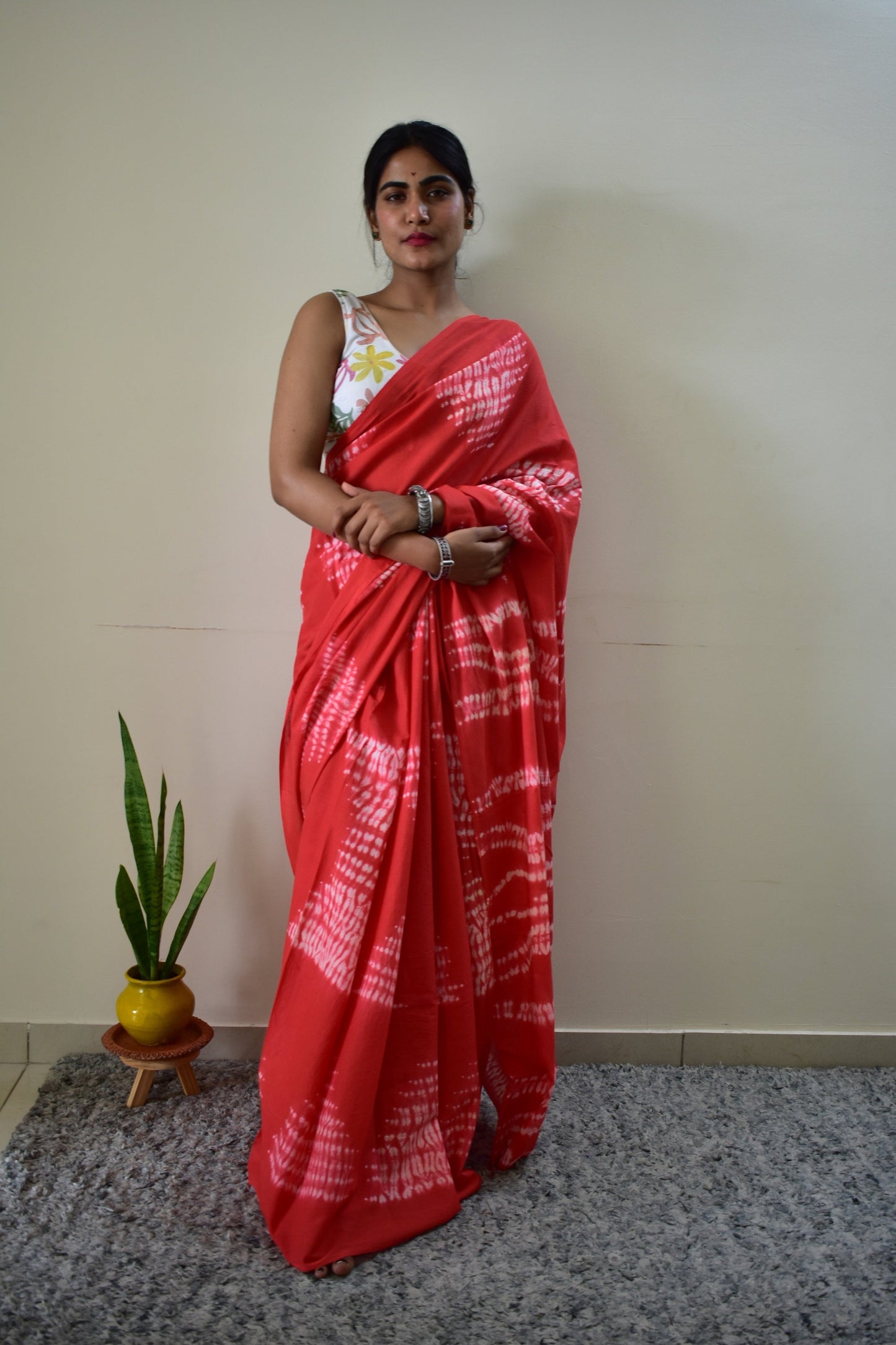 Narangi - Tie & Dye Shibori Print Natural Dyed - Red Mulmul Cotton Saree