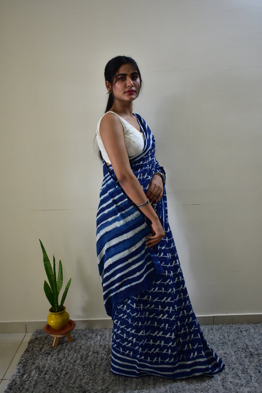 Sonchoraiya Indigo - Blue Cotton Mulmul - Handblock Dabu Saree