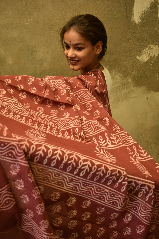 Mocha Coffee- Handblock Print Natural Dyed - Mulmul Cotton Saree