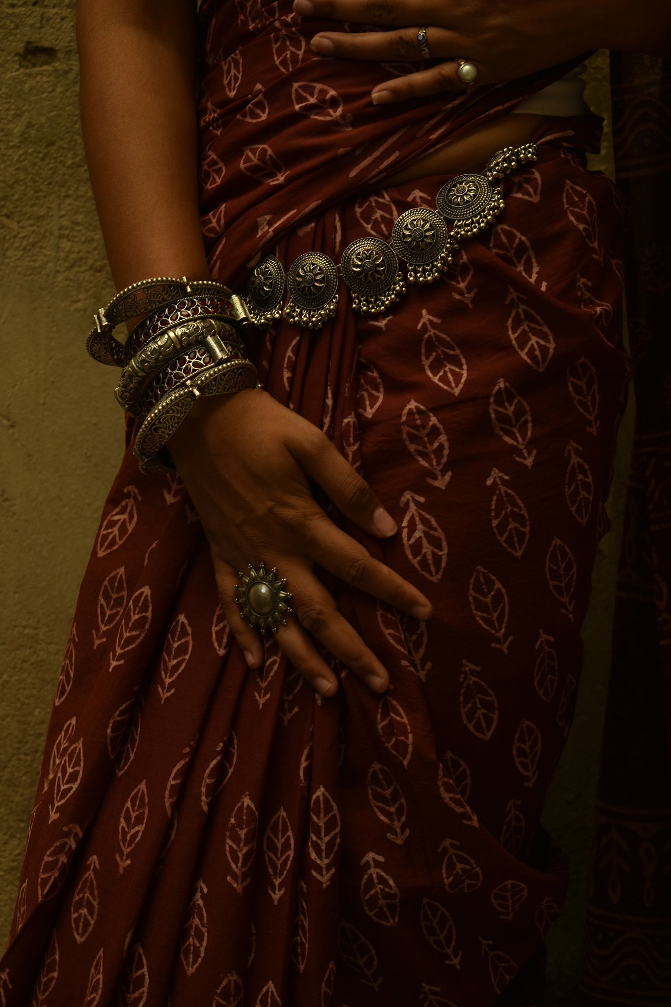 Mocha Coffee- Handblock Print Natural Dyed - Mulmul Cotton Saree