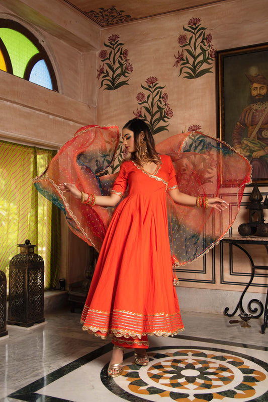 Jarokha Orange Bhandhani Angrakha Set