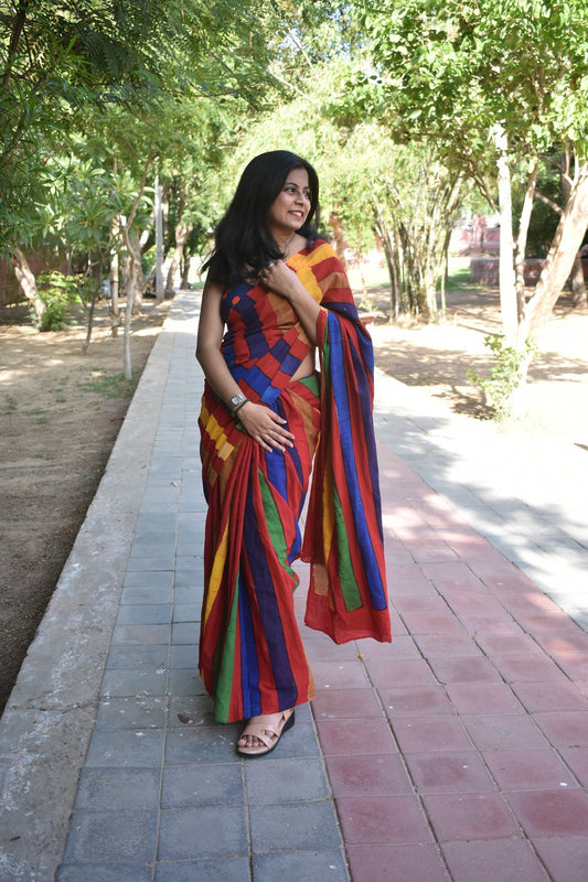 Pride - Multi Handblock Print Natural Dyed - Mulmul Cotton Saree