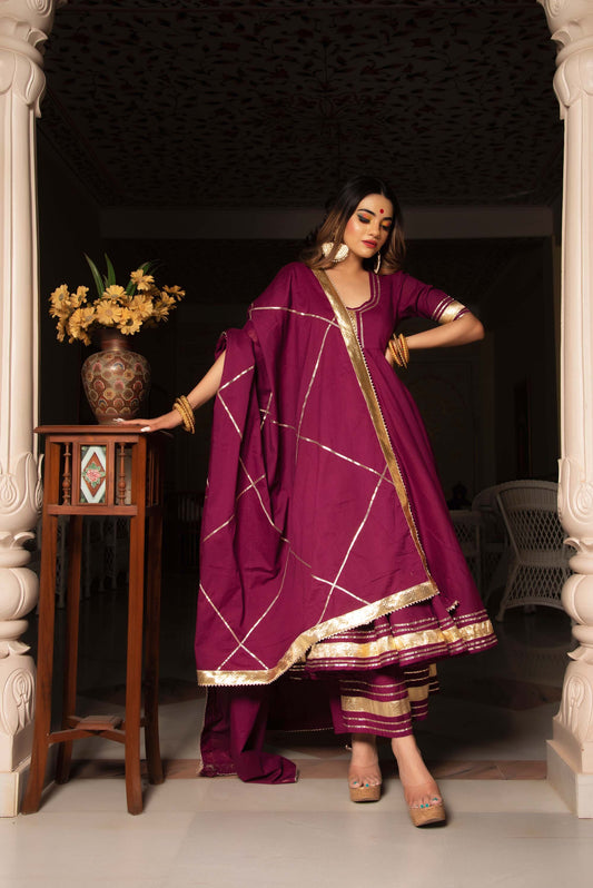 Jarokha Burgundy Pure Cotton Anarkali