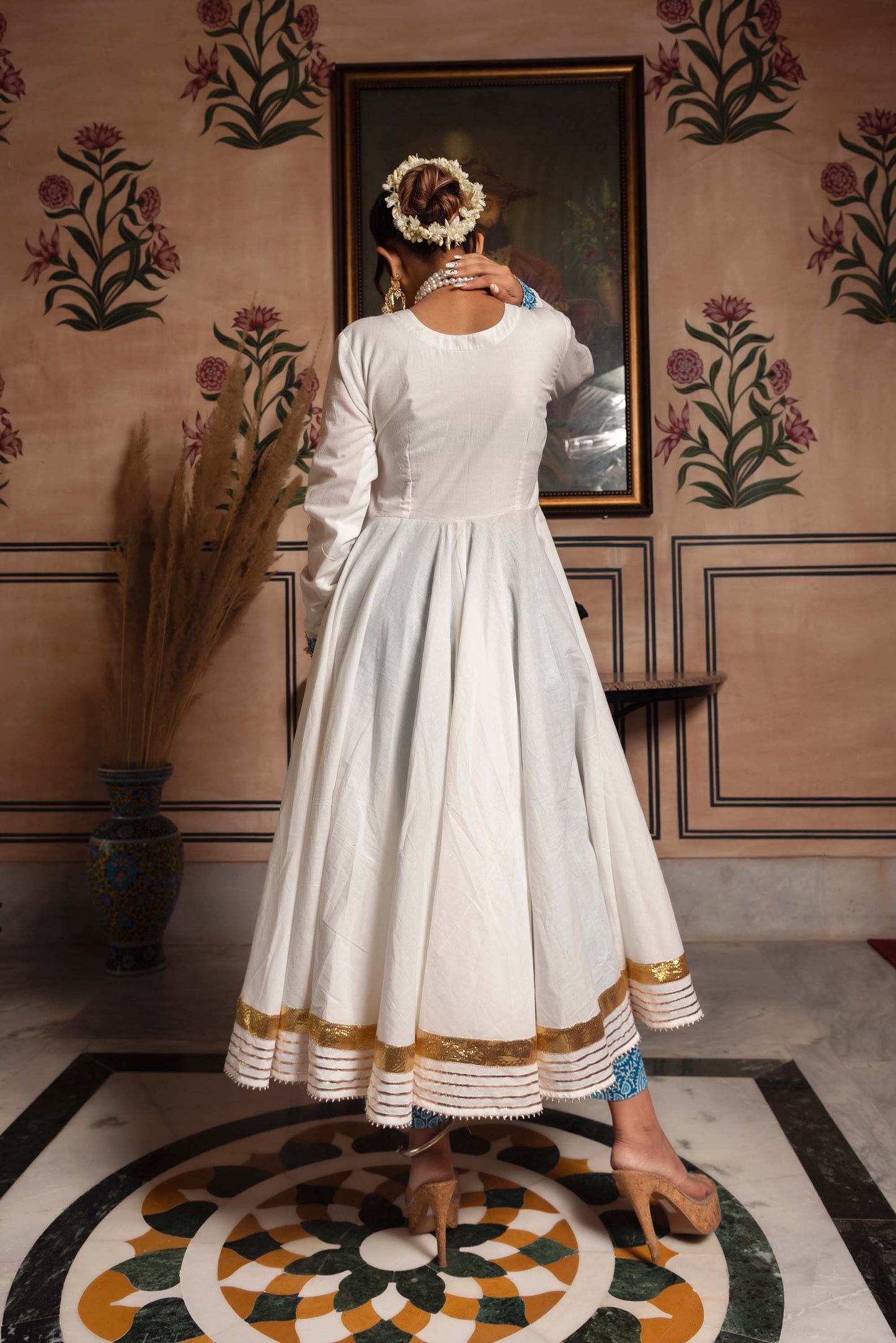 Jarokha White Mogra Pure Cotton Angrakha set