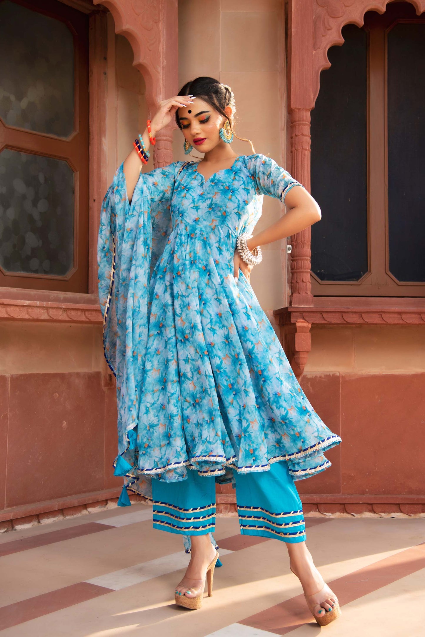 Jarokha Blue Lilly Of Nile Chiffon Anarkali