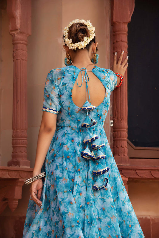 Jarokha Blue Lilly Of Nile Chiffon Anarkali