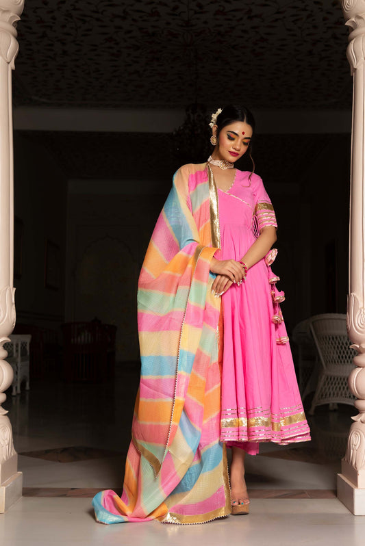 Jarokha Rose Pink Cotton Angrakha Set