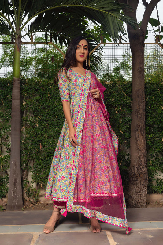 Jarokha Green Jaipuri Hand Block Cotton Anarkali