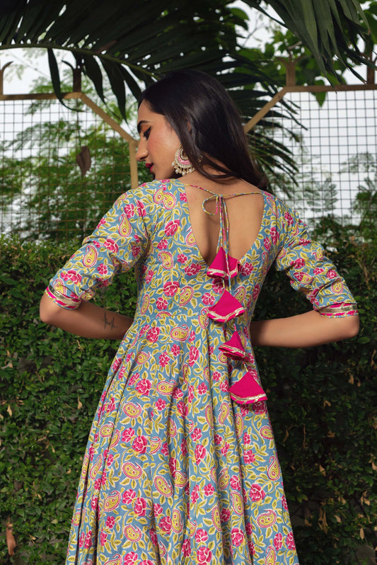 Jarokha Green Jaipuri Hand Block Cotton Anarkali