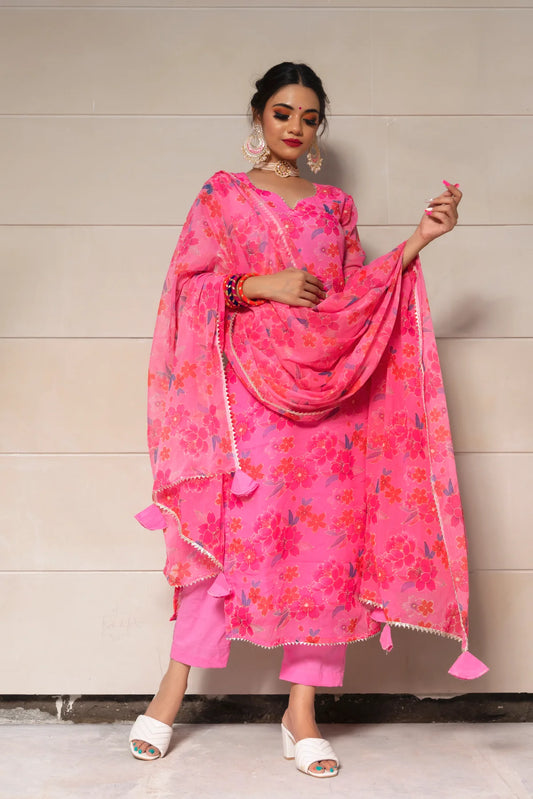 Jarokha Cosmos Pink Chinnon Chiffon Suit set