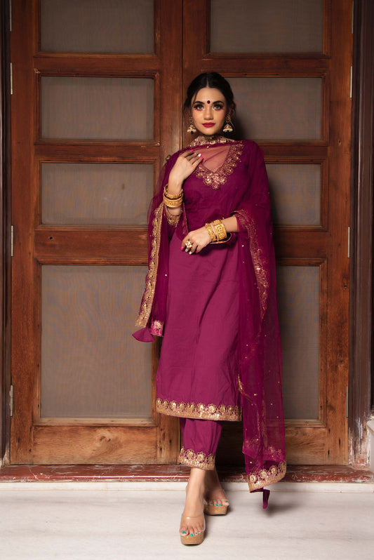 Jarokha Burgundy Plum Cotton Straight Kurta set