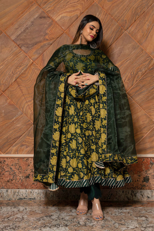 Ganguar Idika Green Hand Block Anarkali Set