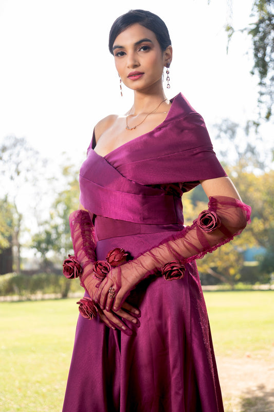 Bougainvillea Purple Milano Satin Off Shoulder Dress