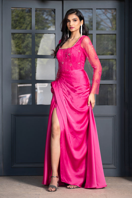 Camellia Fuchsia Pink Satin Silk Bridesmaid Gown