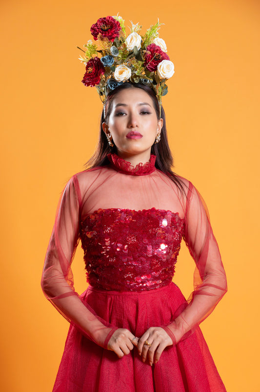 Verbena Red Satin & Tulle Three Piece Party Wear Set